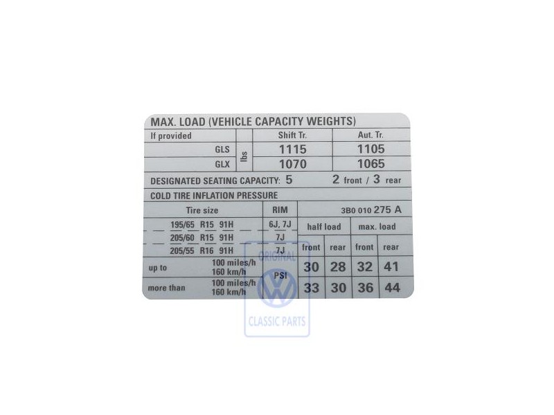 Original VW Data Plate For Tyre Pressure - 3B0010275A