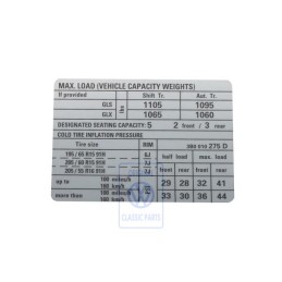 Original VW Data Plate For Tyre Pressure - 3B0010275D