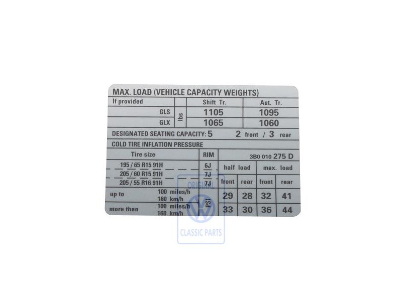 Original VW Data Plate For Tyre Pressure - 3B0010275D