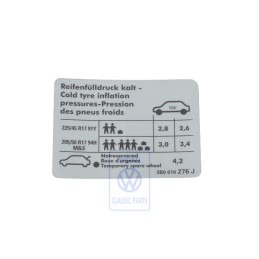 Original VW Data Plate For Tyre Pressure - 3B0010276J