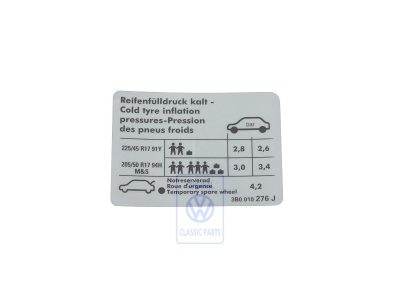Original VW Data Plate For Tyre Pressure - 3B0010276J