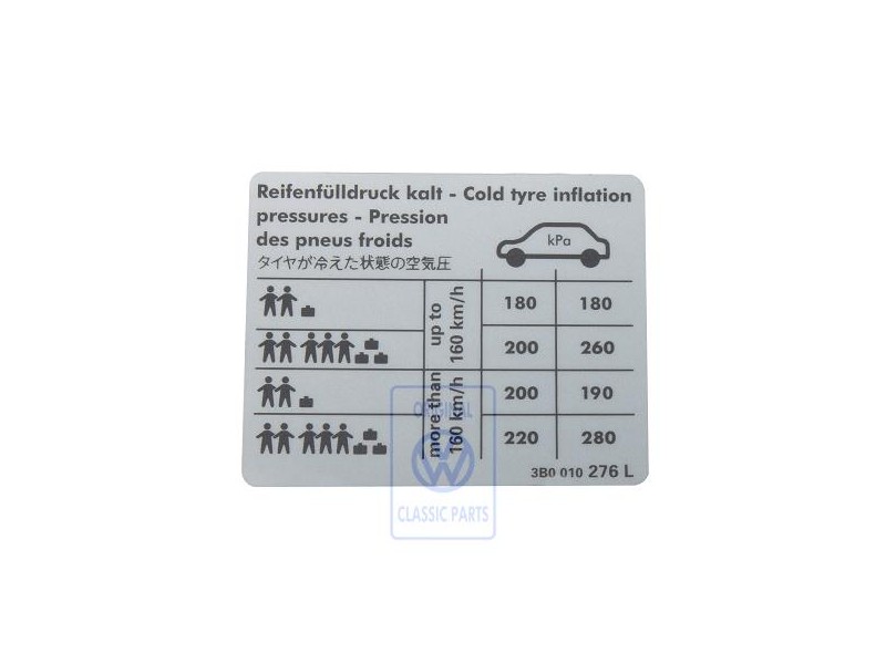 Original VW Data Plate For Tyre Pressure - 3B0010276L