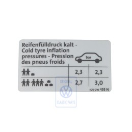 Original VW Data Plate For Tyre Pressure - 3C0010455N