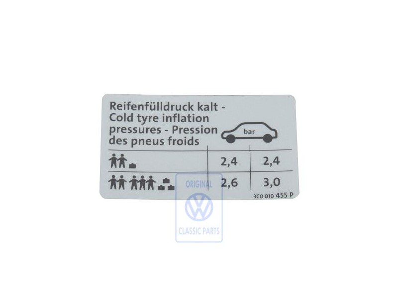 Original VW Data Plate For Tyre Pressure - 3C0010455P