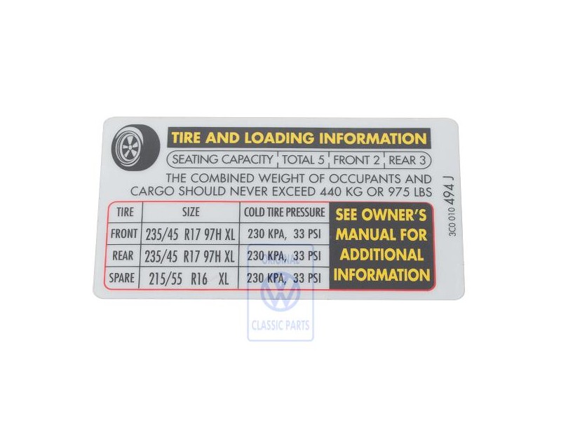 Original VW Data Plate For Tyre Pressure - 3C0010494J
