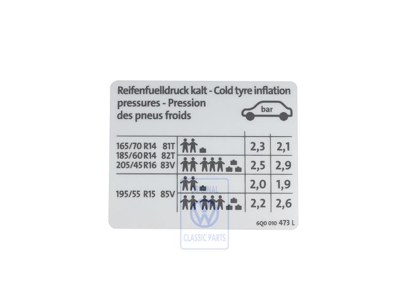 Original VW Data Plate For Tyre Pressure - 6Q0010473L