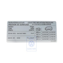 Original VW Data Plate For Tyre Pressure - 7H0010628