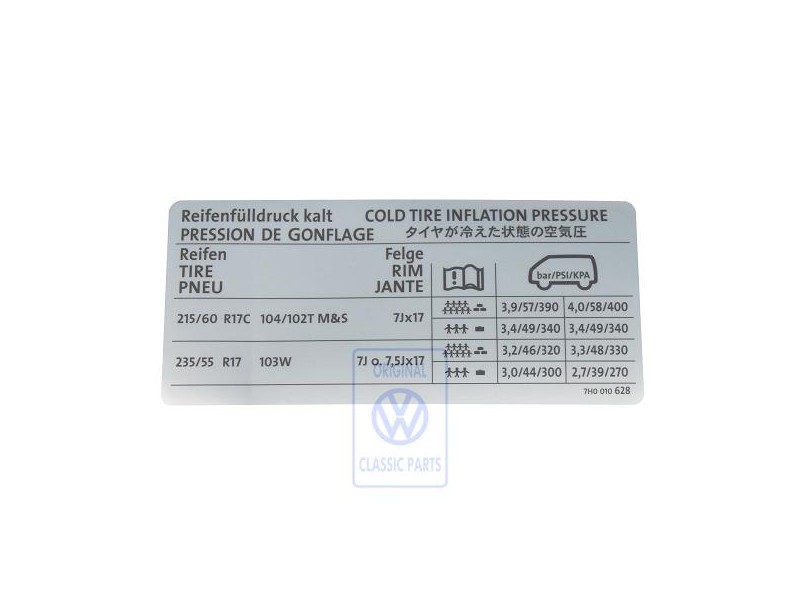 Original VW Data Plate For Tyre Pressure - 7H0010628