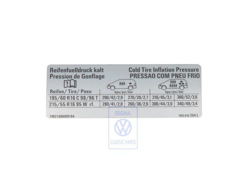 Original VW Data Plate For Tyre Pressure - 7M3010254L
