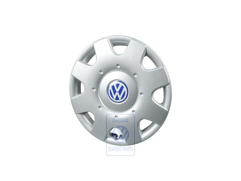 Original VW Hub Cap Bright Silver/Blue/White - 1C0601147D HRN