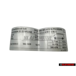Original VW Tyre Pressure Information Sticker - 701010082P