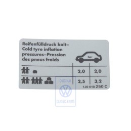 Original VW Data Plate For Tyre Pressure - 1J0010250C
