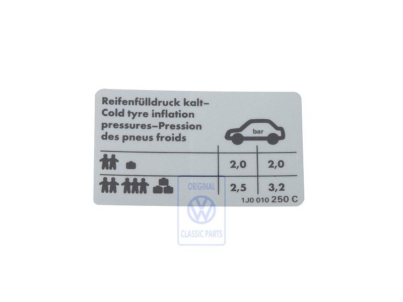 Original VW Data Plate For Tyre Pressure - 1J0010250C