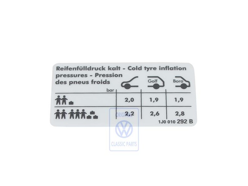 Original VW Data Plate For Tyre Pressure - 1J0010292B
