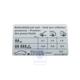Original VW Data Plate For Tyre Pressure - 1J0010292H