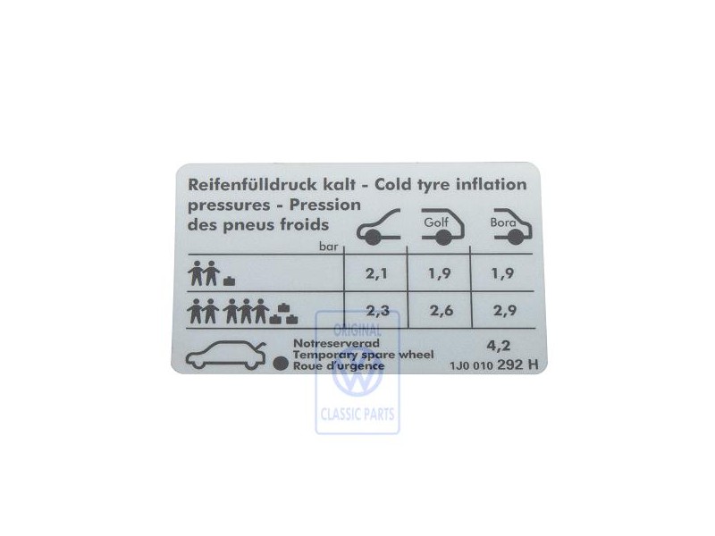 Original VW Data Plate For Tyre Pressure - 1J0010292H