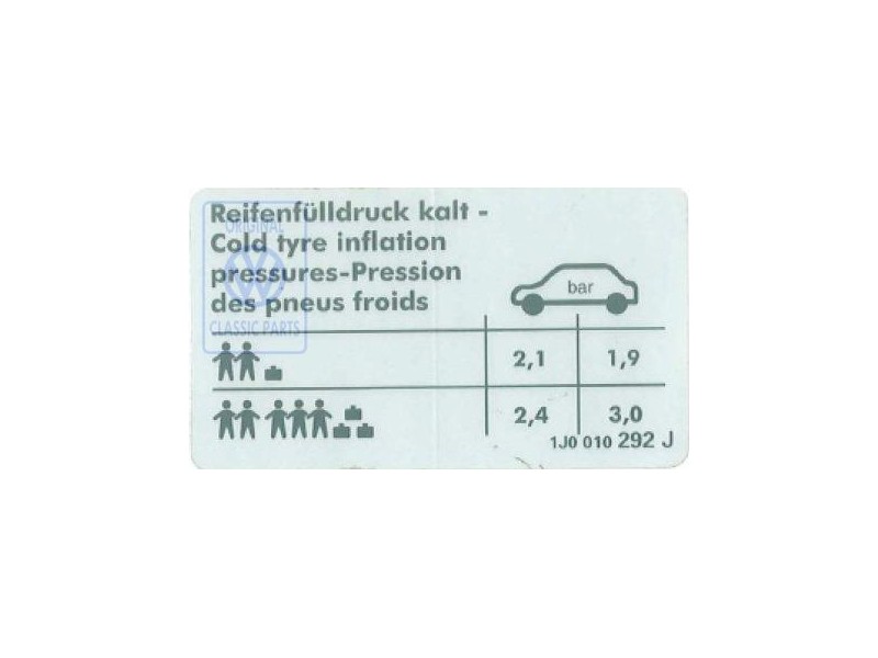 Original VW Data Plate For Tyre Pressure - 1J0010292J