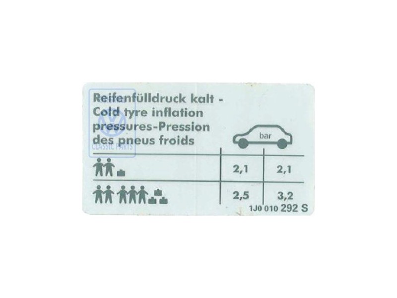 Original VW Data Plate For Tyre Pressure - 1J0010292S