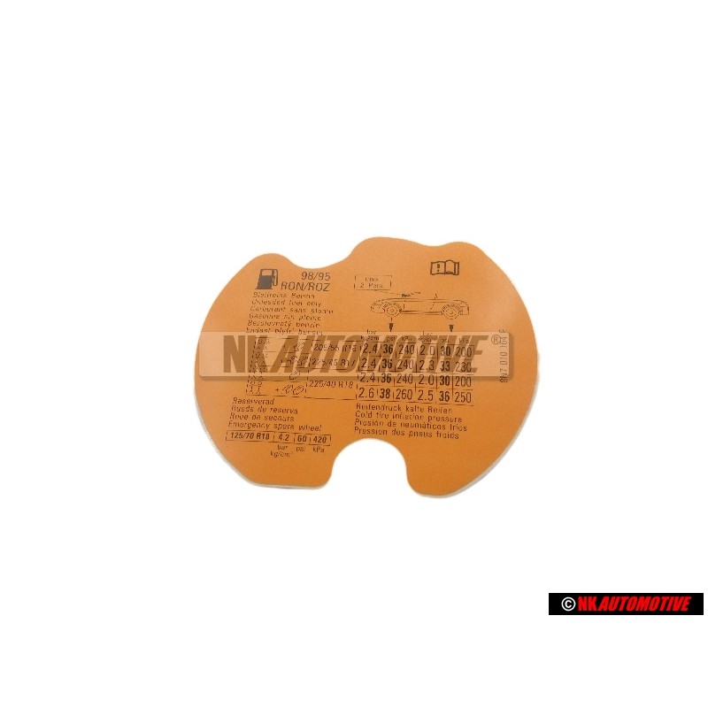 Original Audi Data Plate For Tyre Pressure - 8N7010164E