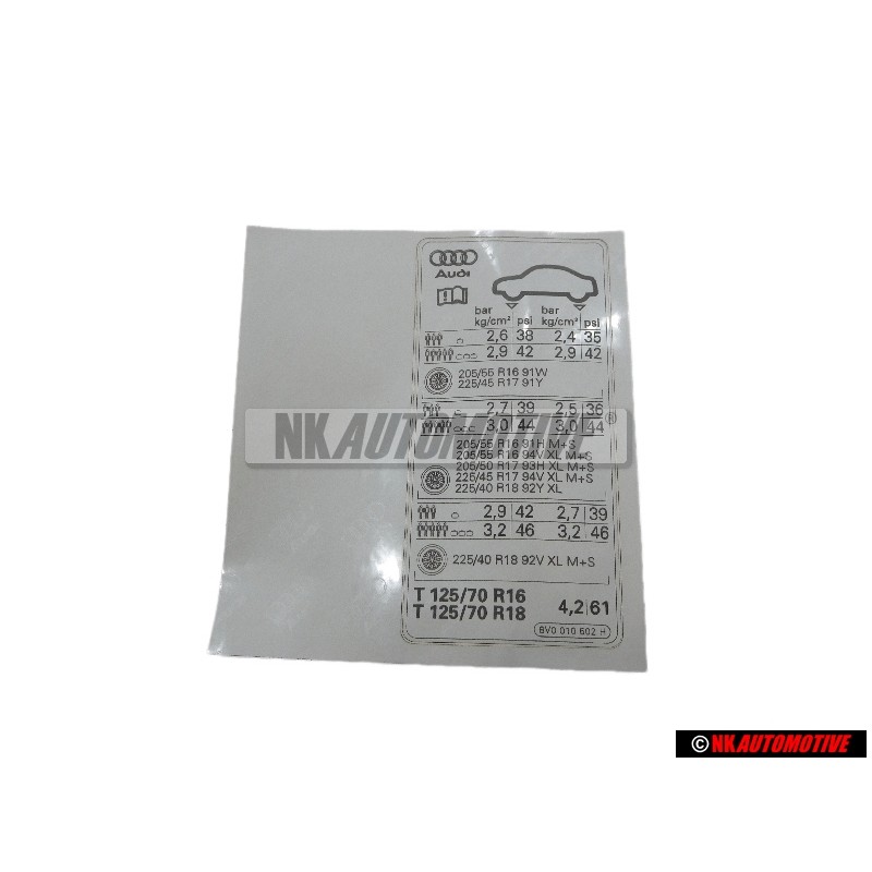 Original Audi Data Plate For Tyre Pressure - 8V0010502H