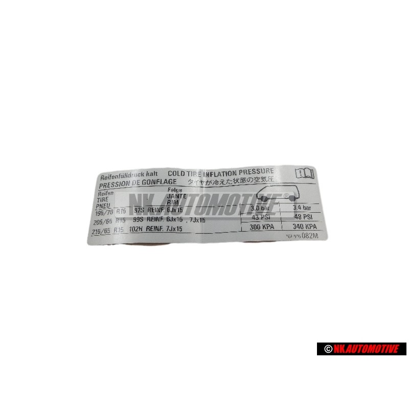 Original VW Data Plate Tyre Pressure Cold - 701010082M