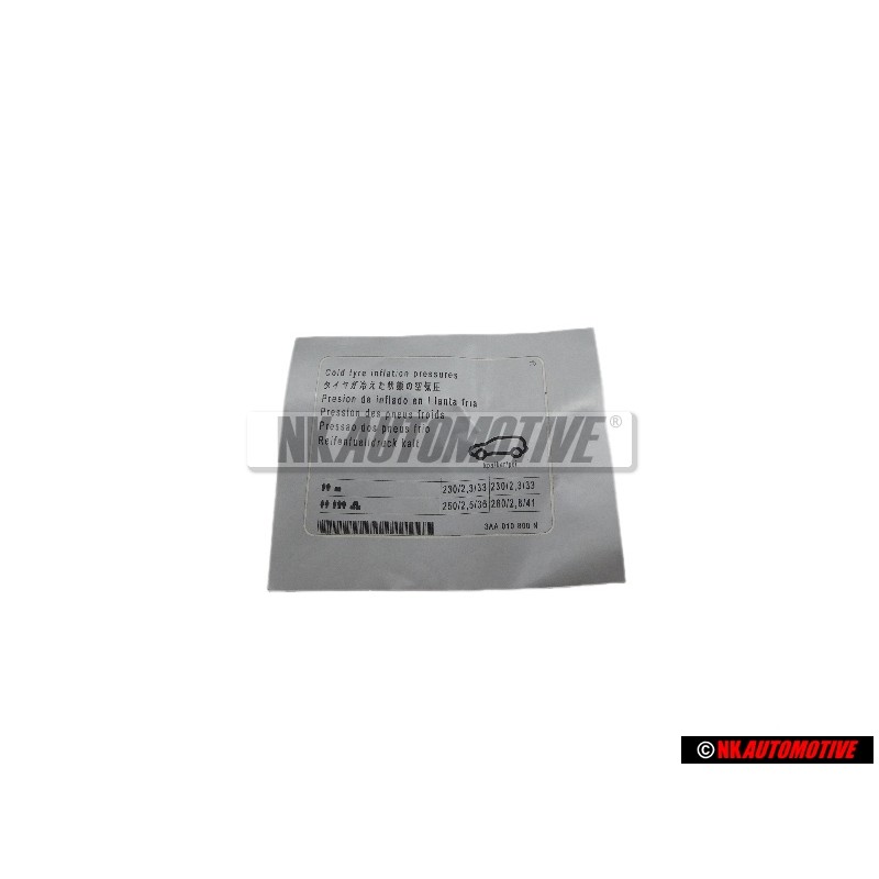 Original VW Data Plate For Tyre Pressure - 3AA010800N