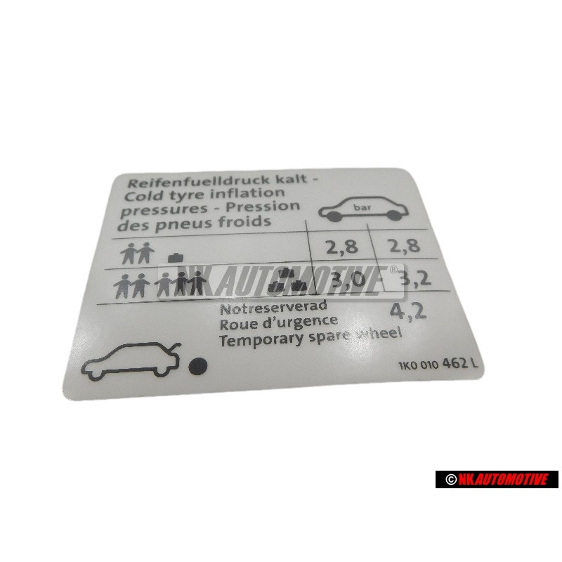 Original VW Data Plate For Tyre Pressure - 1K0010462L