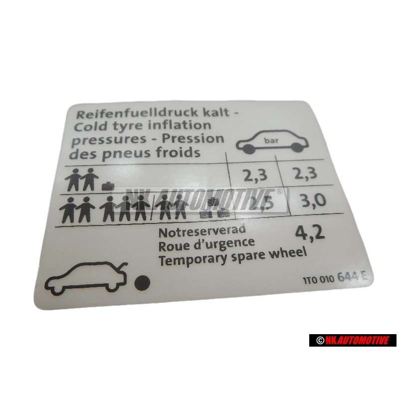 Original VW Data Plate For Tyre Pressure - 1T0010644E
