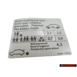 Original VW Data Plate For Tyre Pressure - 1T0010644G