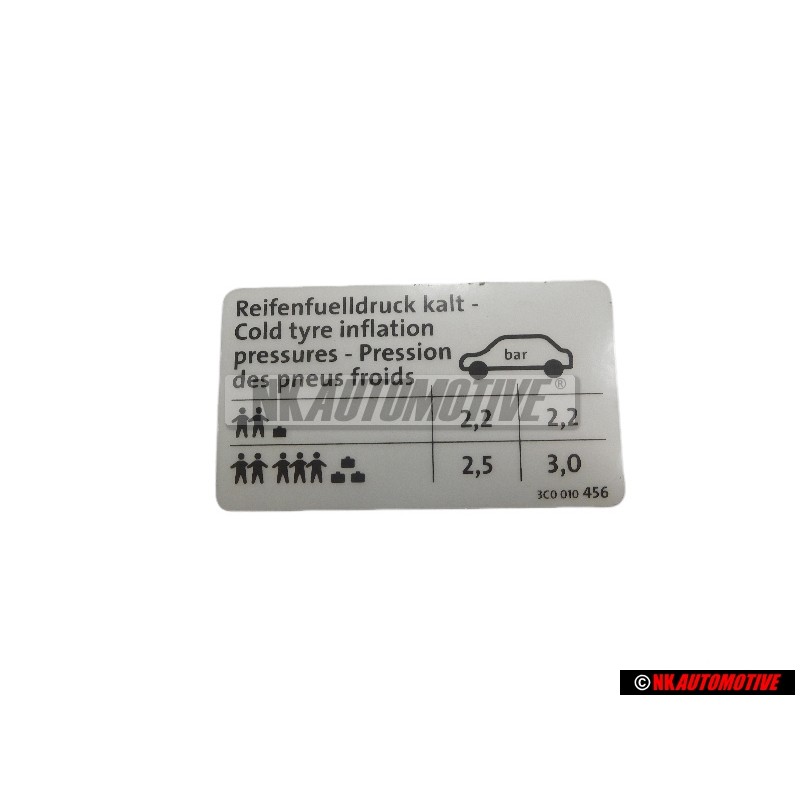 Original VW Data Plate For Tyre Pressure - 3B0010260A