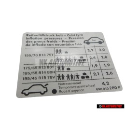 Original VW Data Plate For Tyre Pressure - 6X0010260P