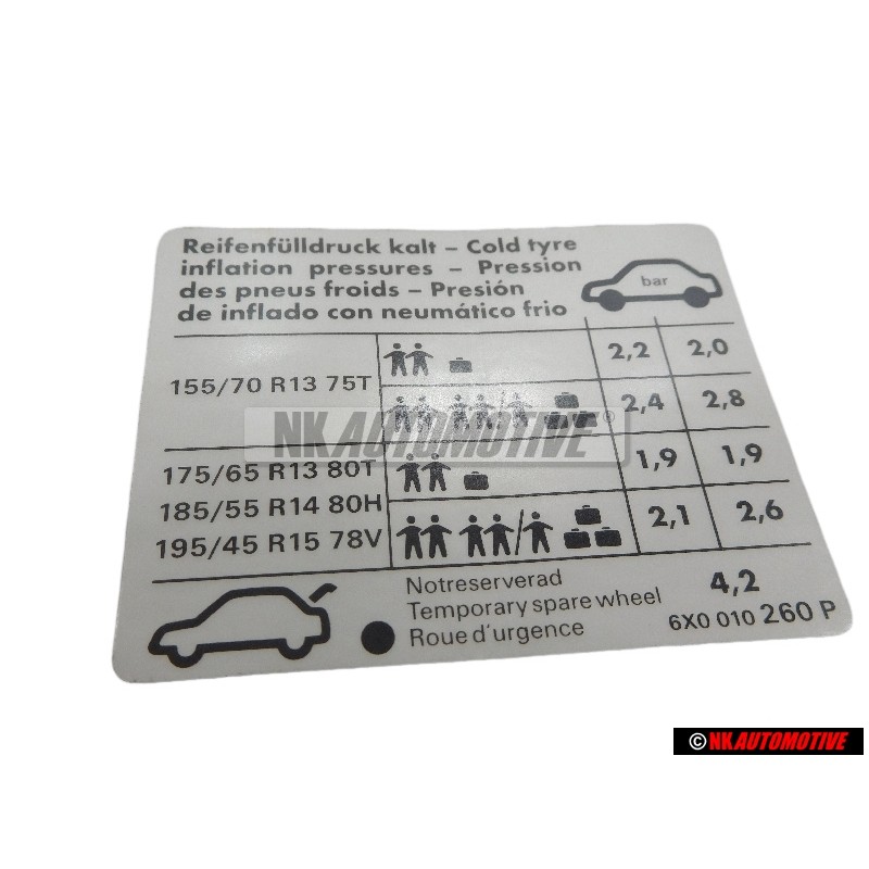 Original VW Data Plate For Tyre Pressure - 6X0010260P