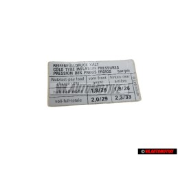Original VW Data Plate For Tyre Pressure - 867010041Q