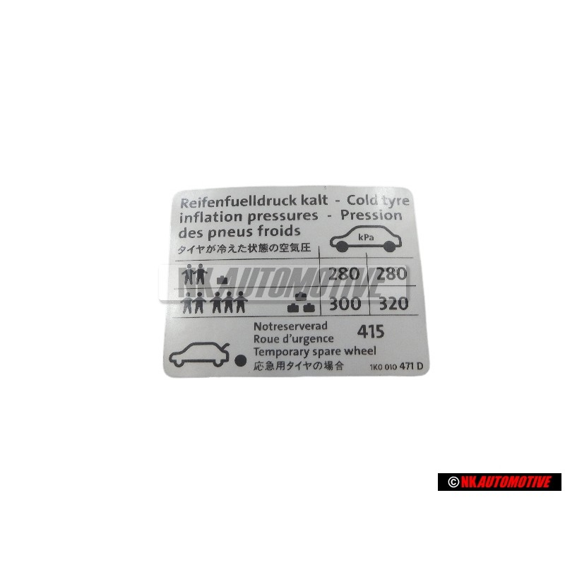 Original VW Data Plate For Tyre Pressure - 1K0010471D