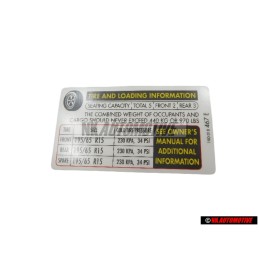 Original VW Data Plate For Tyre Pressure - 1K0010467E