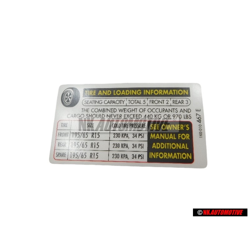 Original VW Data Plate For Tyre Pressure - 1K0010467E