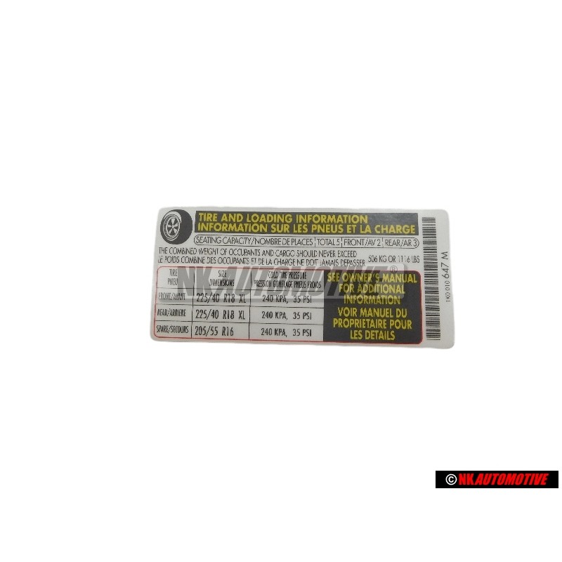 Original VW Data Plate For Tyre Pressure - 1K0010647M