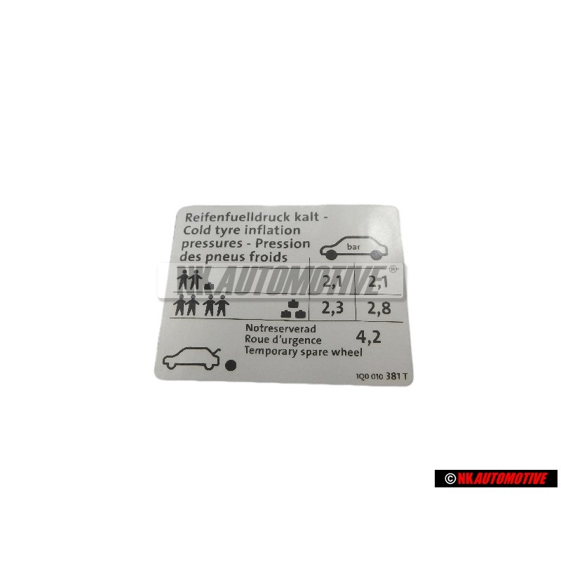 Original VW Data Plate For Tyre Pressure - 1Q0010381T
