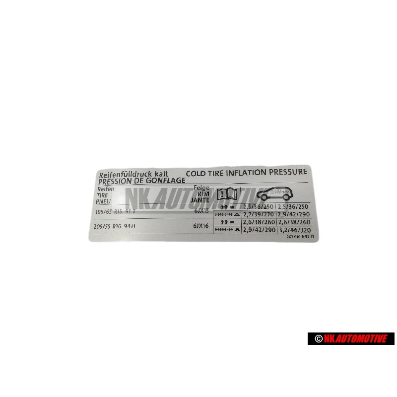 Original VW Data Plate For Tyre Pressure - 2K3010647D