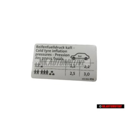 Original VW Data Plate For Tyre Pressure - 3C0010456