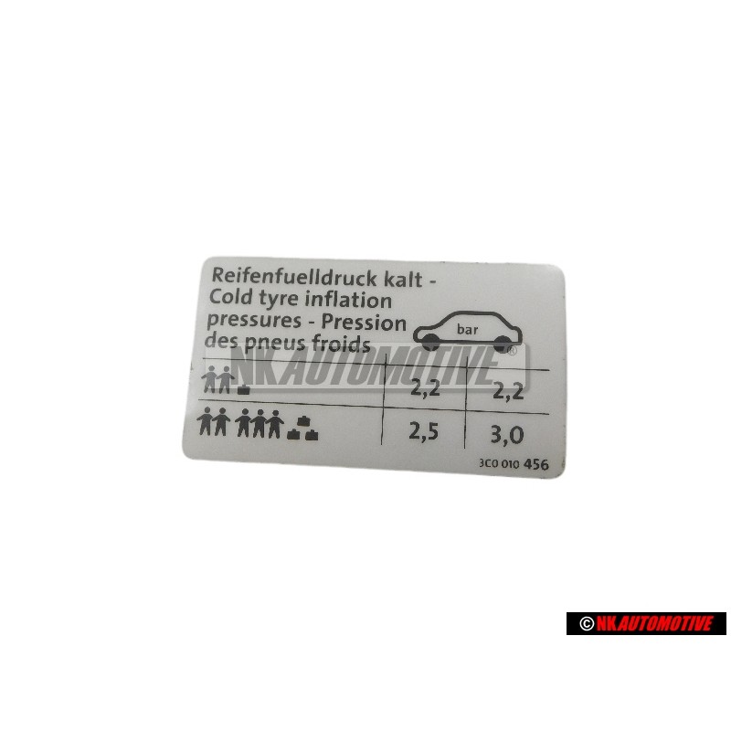 Original VW Data Plate For Tyre Pressure - 3C0010456