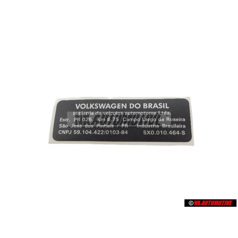 Original VW Adhesive Sticker For Vehicle Data - 5X0010464S