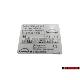 Original VW Data Plate For Tyre Pressure - 1K0010350P