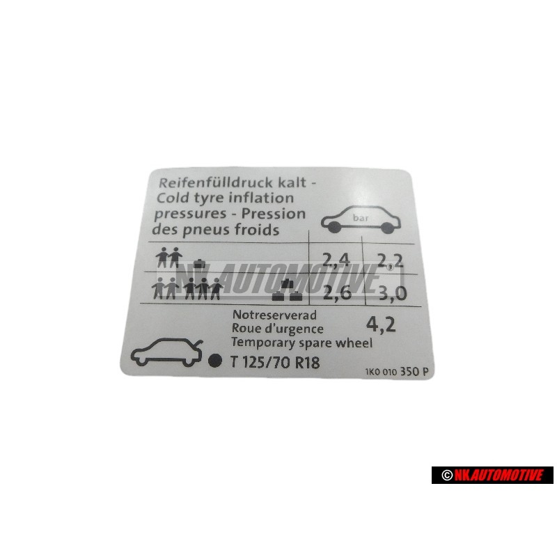 Original VW Data Plate For Tyre Pressure - 1K0010350P