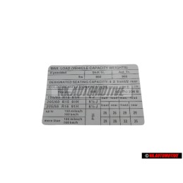 Original VW Data Plate For Tyre Pressure - 1C0010238B