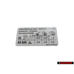 Original VW Data Plate For Tyre Pressure - 3B0010275Q