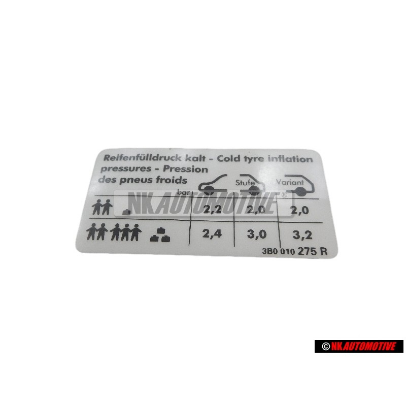 Original VW Data Plate For Tyre Pressure - 3B0010275R