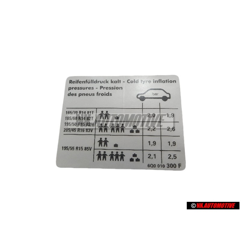 Original VW Data Plate For Tyre Pressure - 6Q0010300F
