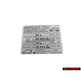 Original VW Data Plate For Tyre Pressure - 6X0010245E