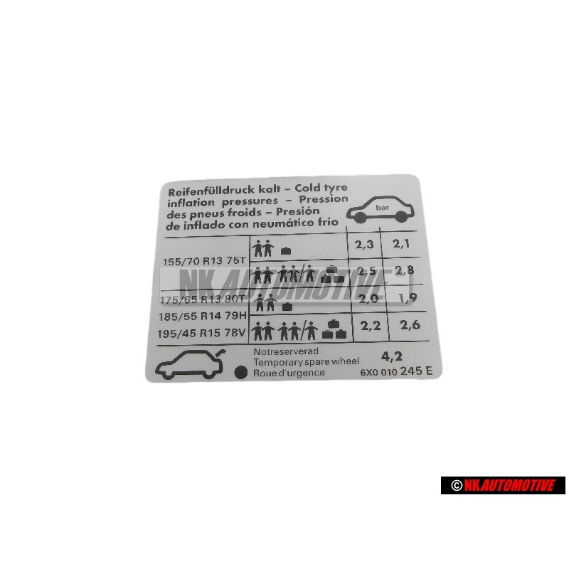 Original VW Data Plate For Tyre Pressure - 6X0010245E